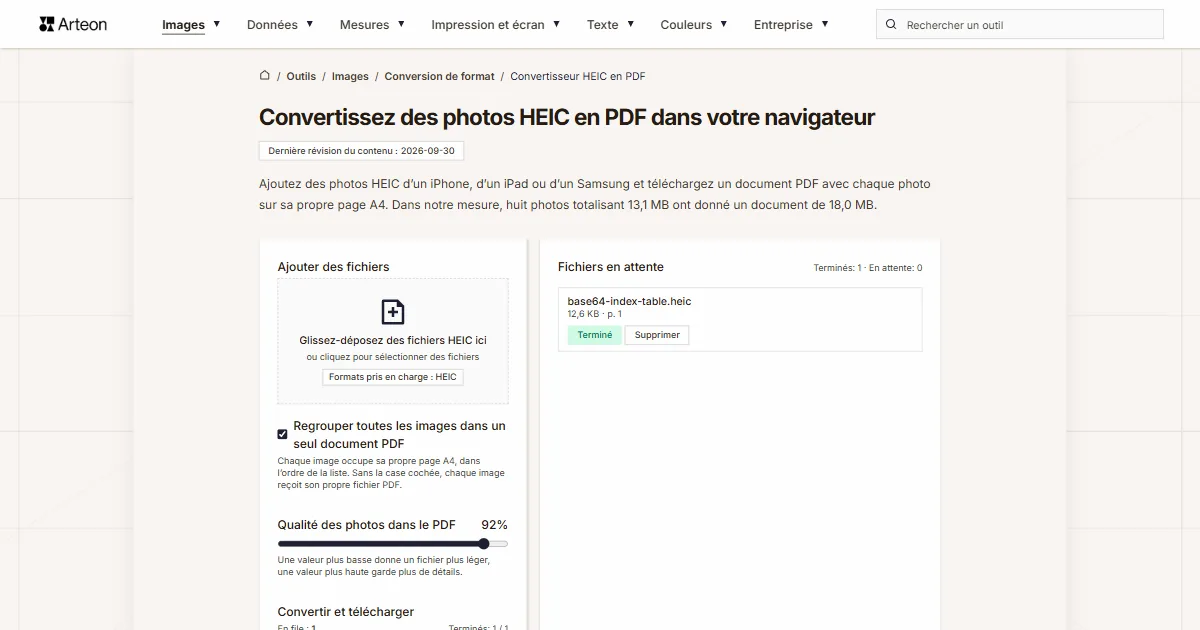 Capture d'écran de l'outil gratuit d'Arteon: Convertissez des photos HEIC en PDF dans votre navigateur