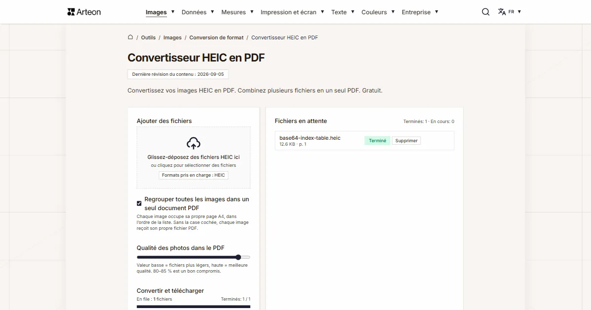 Capture d'écran de l'outil gratuit d'Arteon: Convertisseur HEIC en PDF