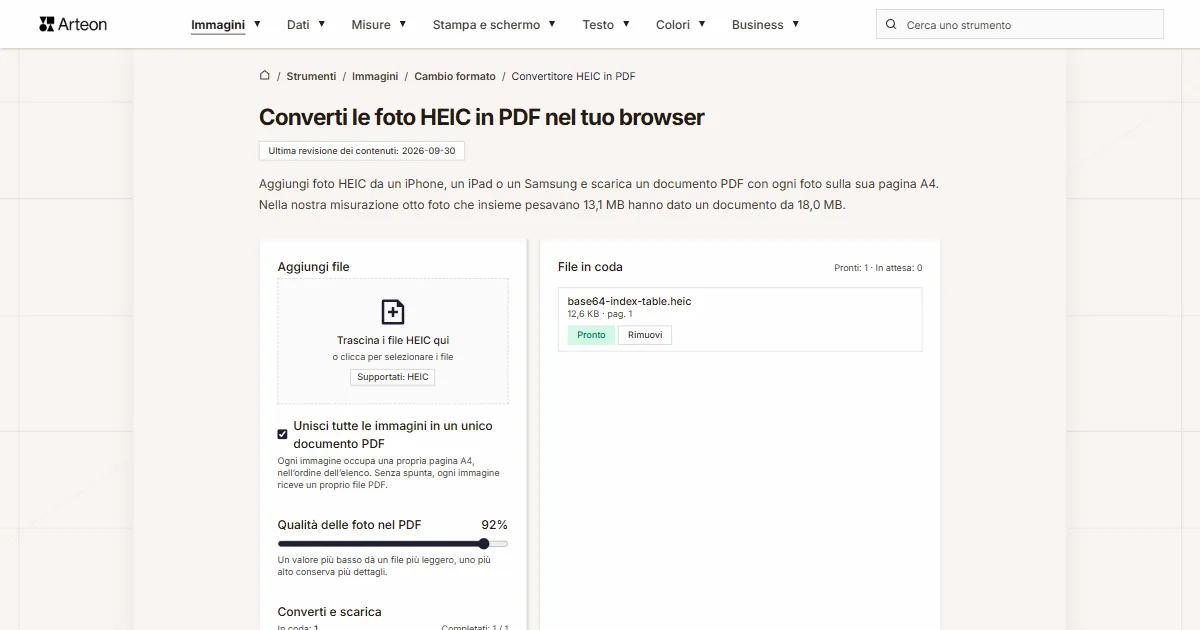 Screenshot dello strumento gratuito Arteon: Converti le foto HEIC in PDF nel tuo browser