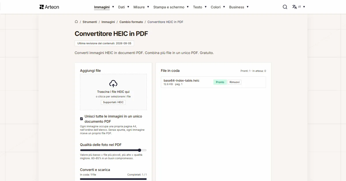 Screenshot dello strumento gratuito Arteon: Convertitore HEIC in PDF