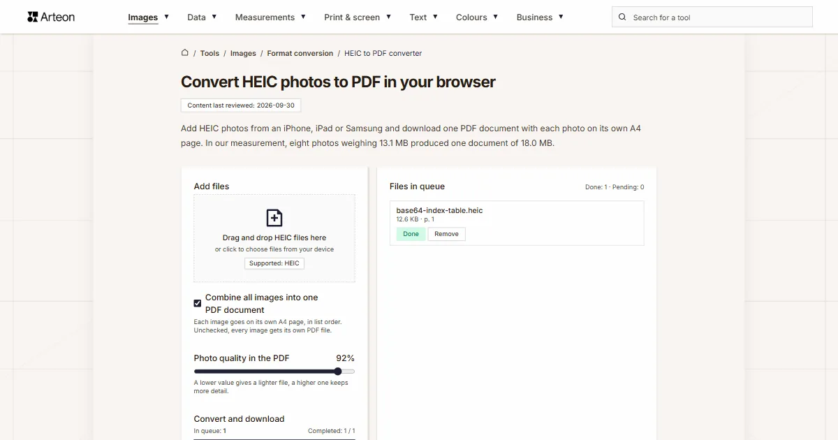 Arteon free tool screenshot: Convert HEIC photos to PDF in your browser