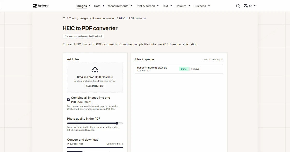 Arteon free tool screenshot: HEIC to PDF converter