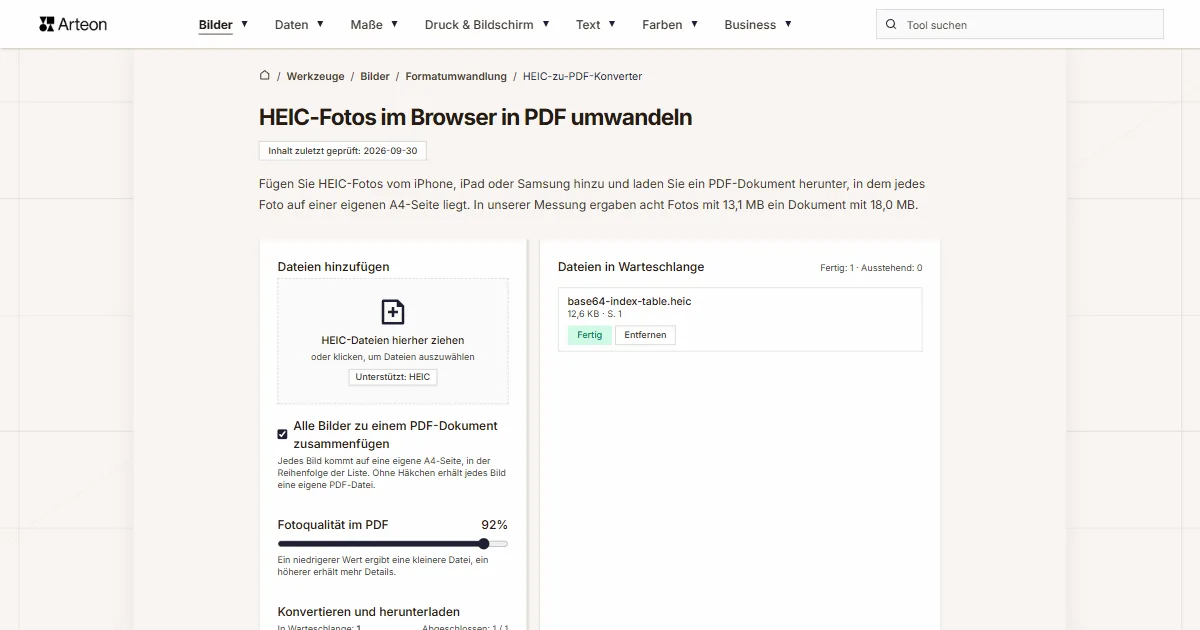 Screenshot des kostenlosen Arteon-Werkzeugs: HEIC-Fotos im Browser in PDF umwandeln
