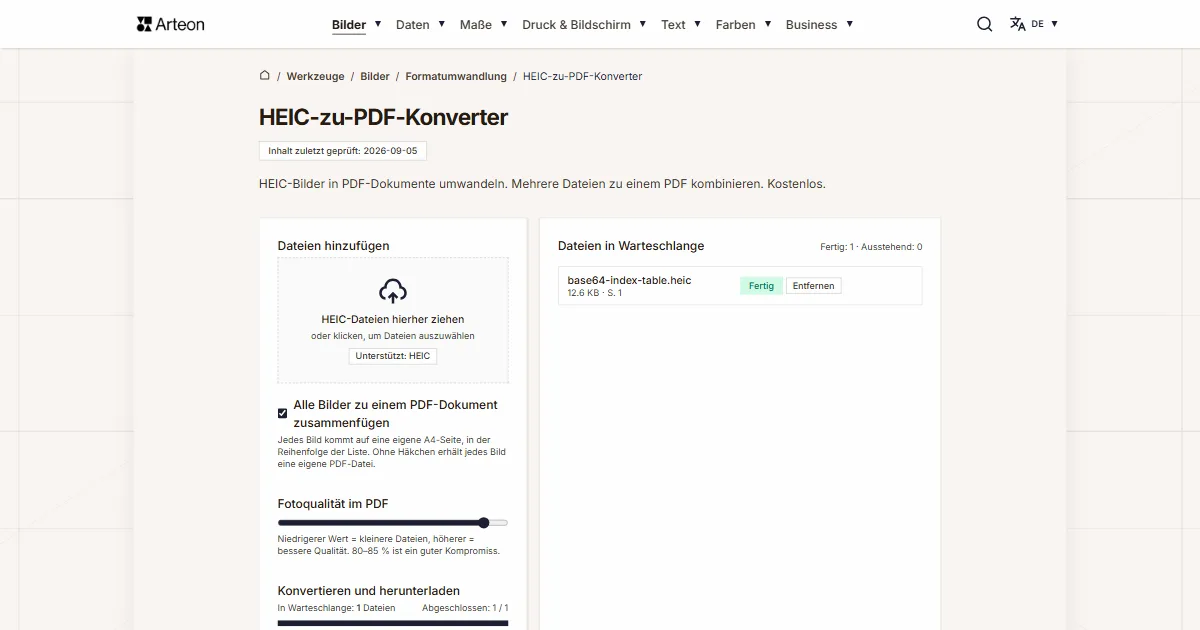 Screenshot des kostenlosen Arteon-Werkzeugs: HEIC-zu-PDF-Konverter