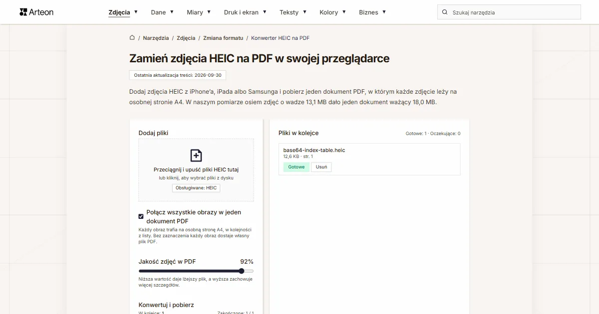 Zrzut ekranu darmowego narzędzia Arteon: Zamień zdjęcia HEIC na PDF w swojej przeglądarce