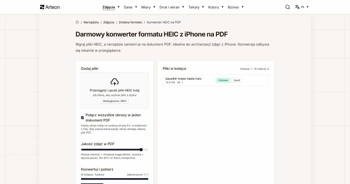 Zrzut ekranu darmowego narzędzia Arteon: Darmowy konwerter formatu HEIC z iPhone na PDF