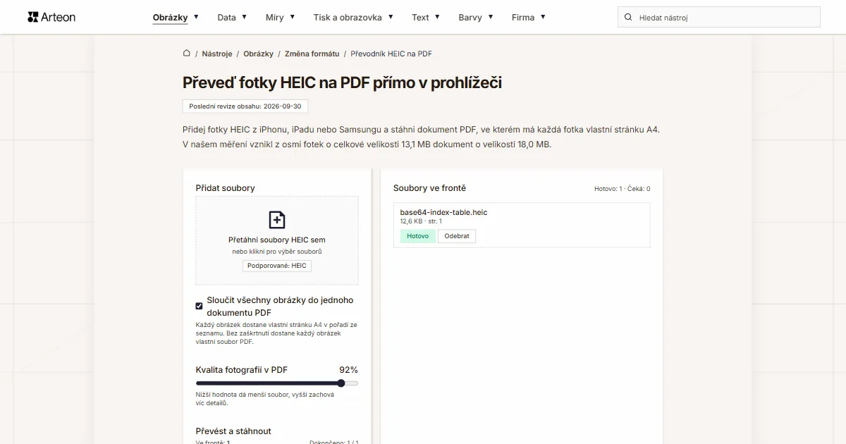 Snímek obrazovky bezplatného nástroje Arteon: Převeď fotky HEIC na PDF přímo v prohlížeči