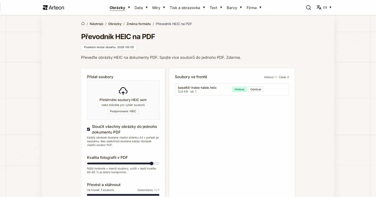 Snímek obrazovky bezplatného nástroje Arteon: Převodník HEIC na PDF
