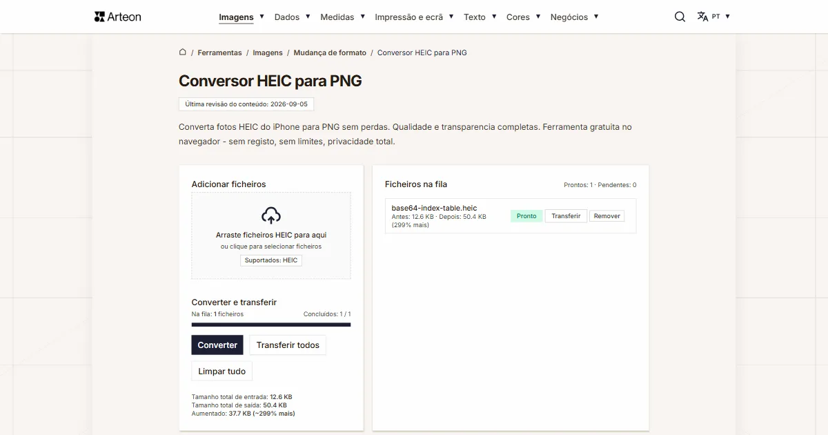 Captura de ecrã da ferramenta gratuita da Arteon: Conversor HEIC para PNG