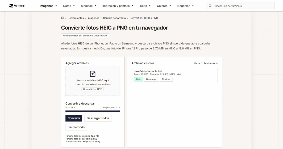 Captura de pantalla de la herramienta gratuita de Arteon: Convierte fotos HEIC a PNG en tu navegador