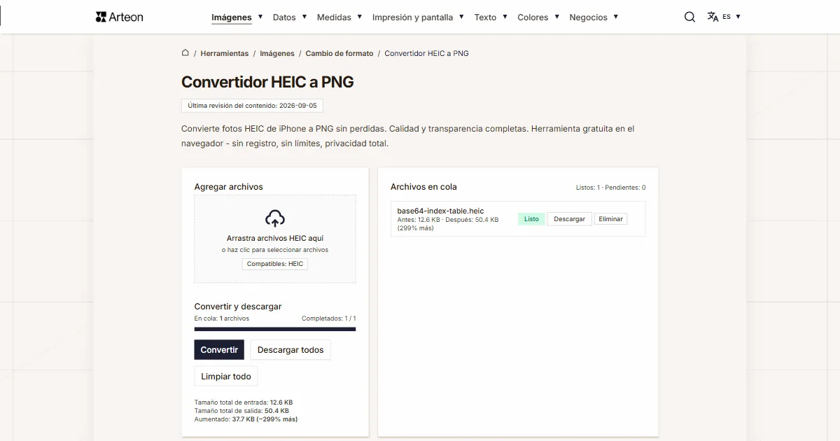 Captura de pantalla de la herramienta gratuita de Arteon: Convertidor HEIC a PNG