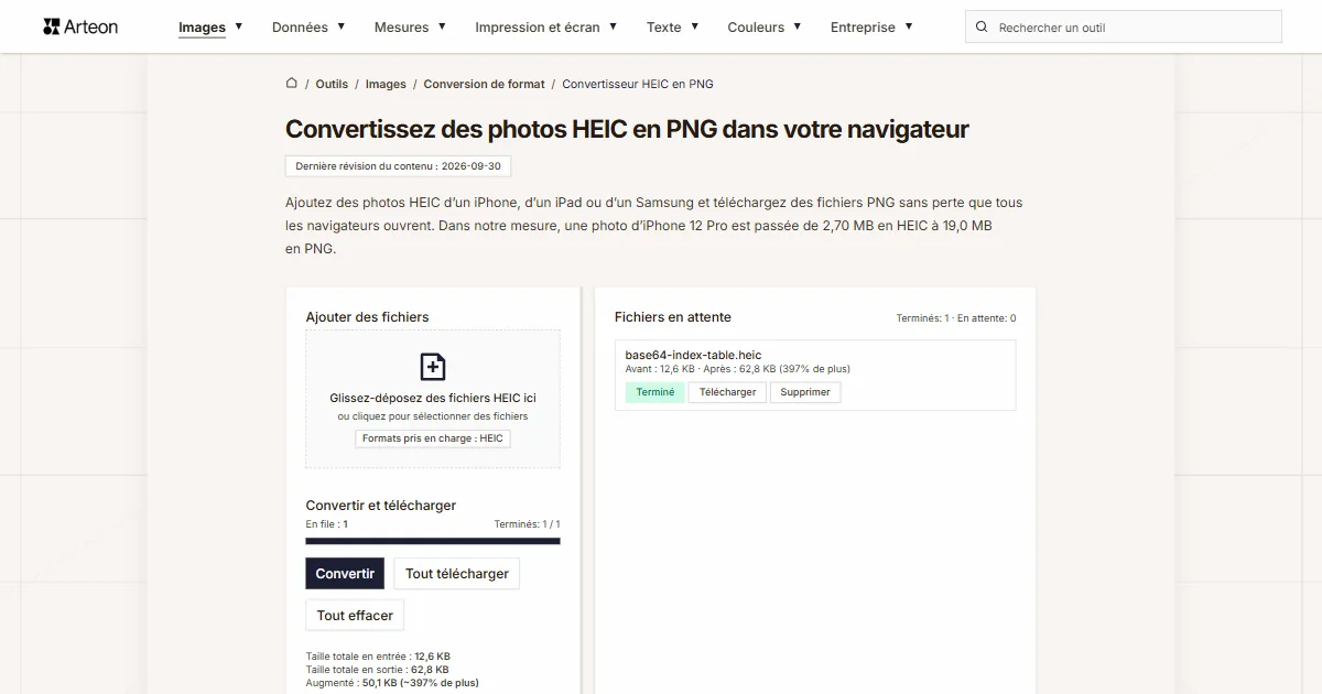 Capture d'écran de l'outil gratuit d'Arteon: Convertissez des photos HEIC en PNG dans votre navigateur