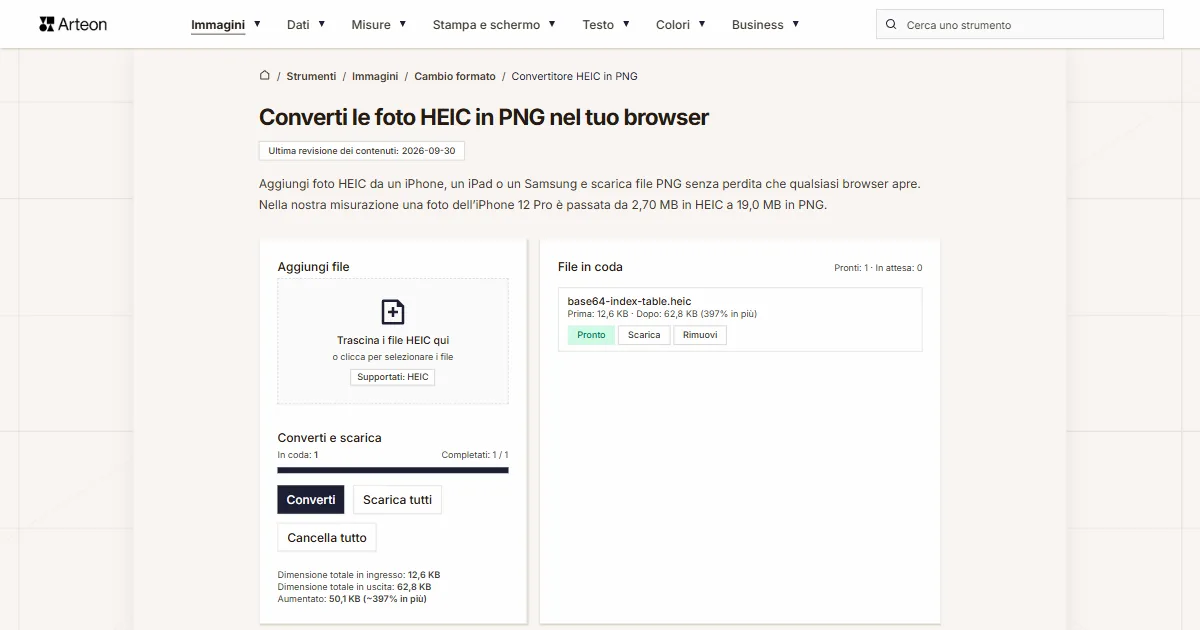 Screenshot dello strumento gratuito Arteon: Converti le foto HEIC in PNG nel tuo browser