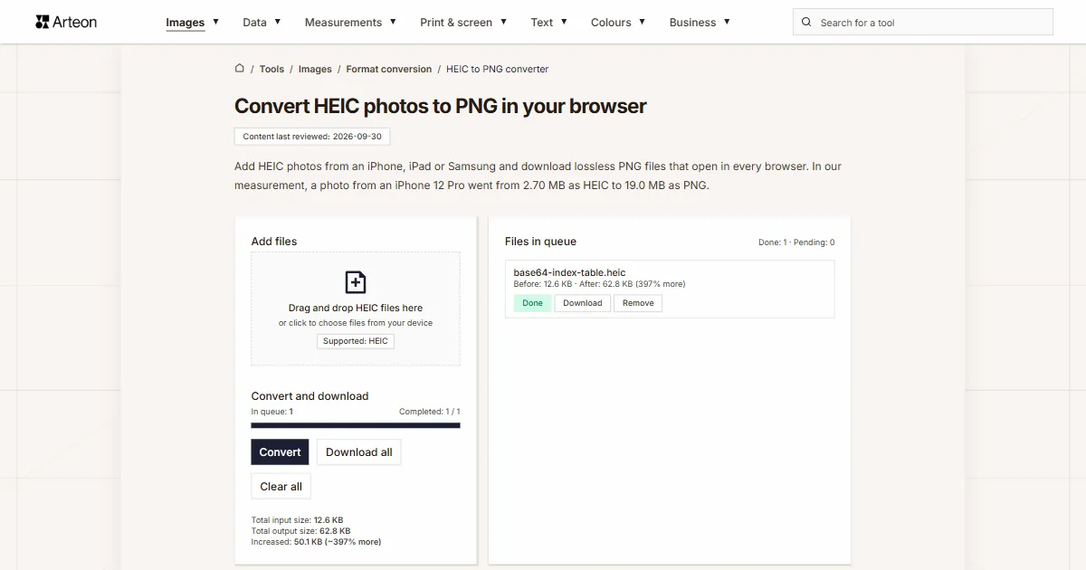 Arteon free tool screenshot: Convert HEIC photos to PNG in your browser