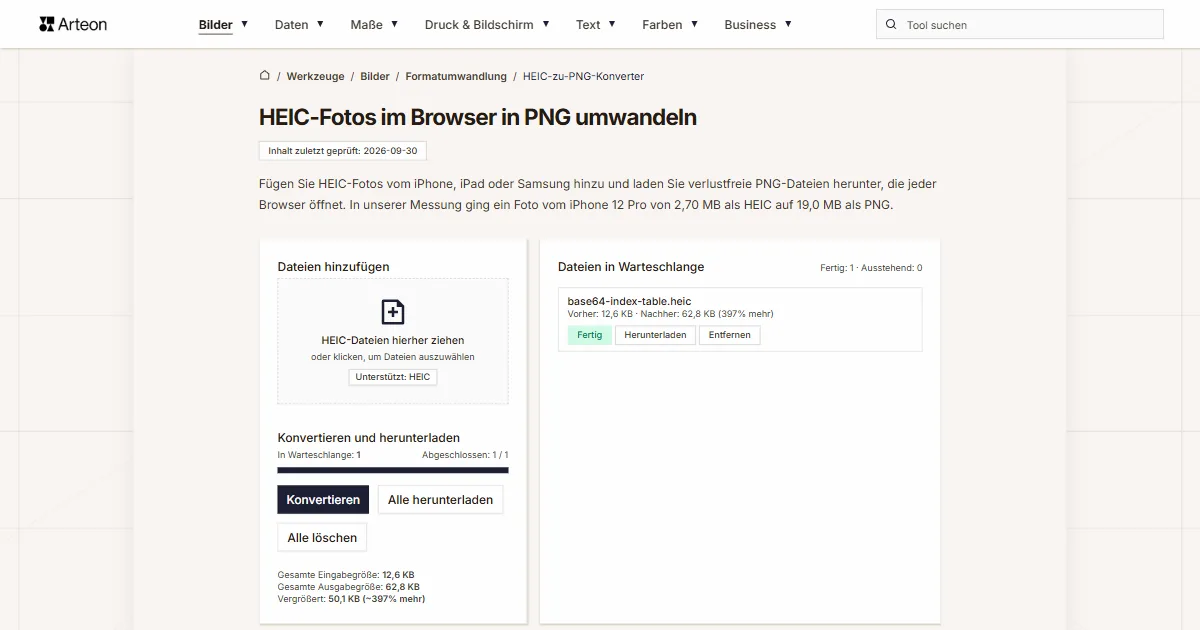 Screenshot des kostenlosen Arteon-Werkzeugs: HEIC-Fotos im Browser in PNG umwandeln