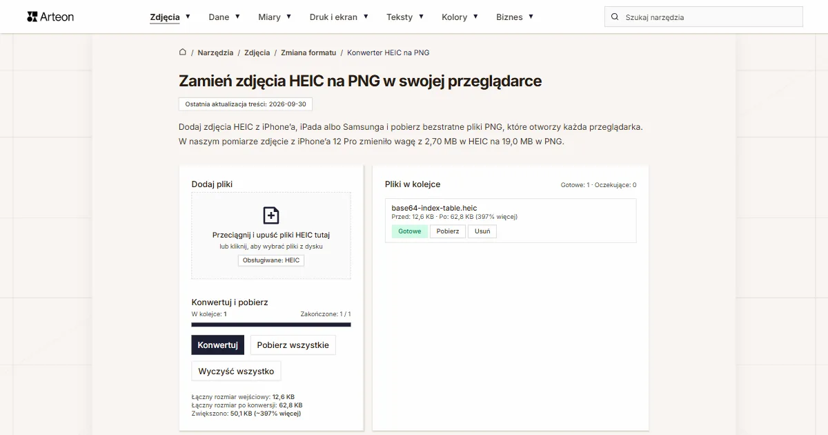 Zrzut ekranu darmowego narzędzia Arteon: Zamień zdjęcia HEIC na PNG w swojej przeglądarce