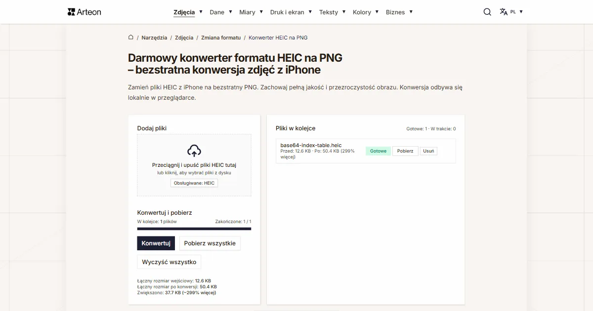 Zrzut ekranu darmowego narzędzia Arteon: Darmowy konwerter formatu HEIC na PNG – bezstratna konwersja zdjęć z iPhone