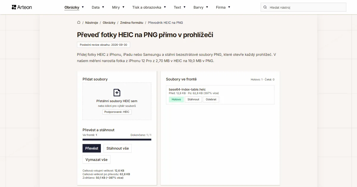 Snímek obrazovky bezplatného nástroje Arteon: Převeď fotky HEIC na PNG přímo v prohlížeči