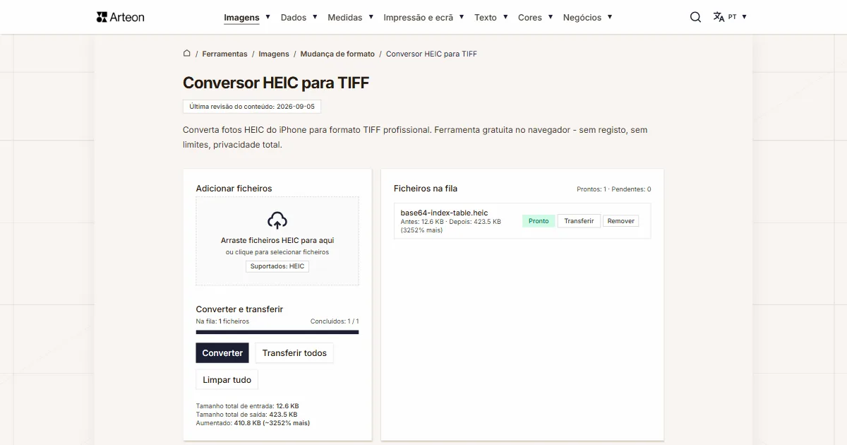 Captura de ecrã da ferramenta gratuita da Arteon: Conversor HEIC para TIFF