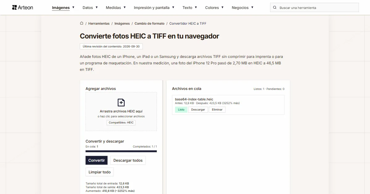 Captura de pantalla de la herramienta gratuita de Arteon: Convierte fotos HEIC a TIFF en tu navegador