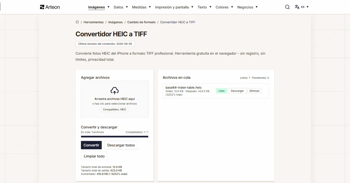 Captura de pantalla de la herramienta gratuita de Arteon: Convertidor HEIC a TIFF