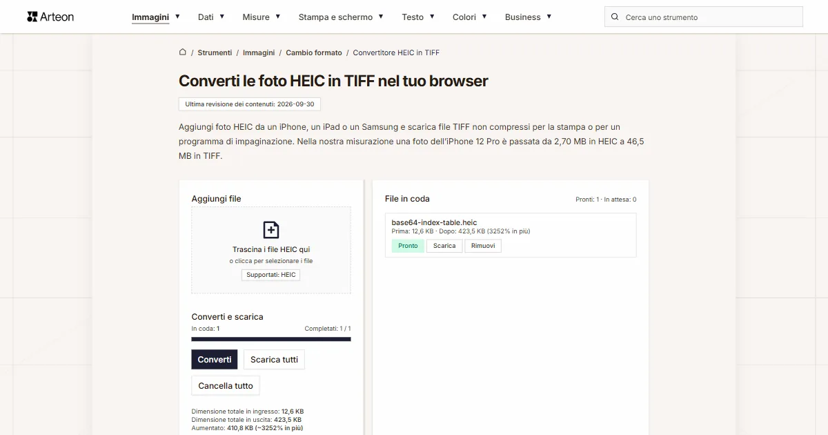 Screenshot dello strumento gratuito Arteon: Converti le foto HEIC in TIFF nel tuo browser