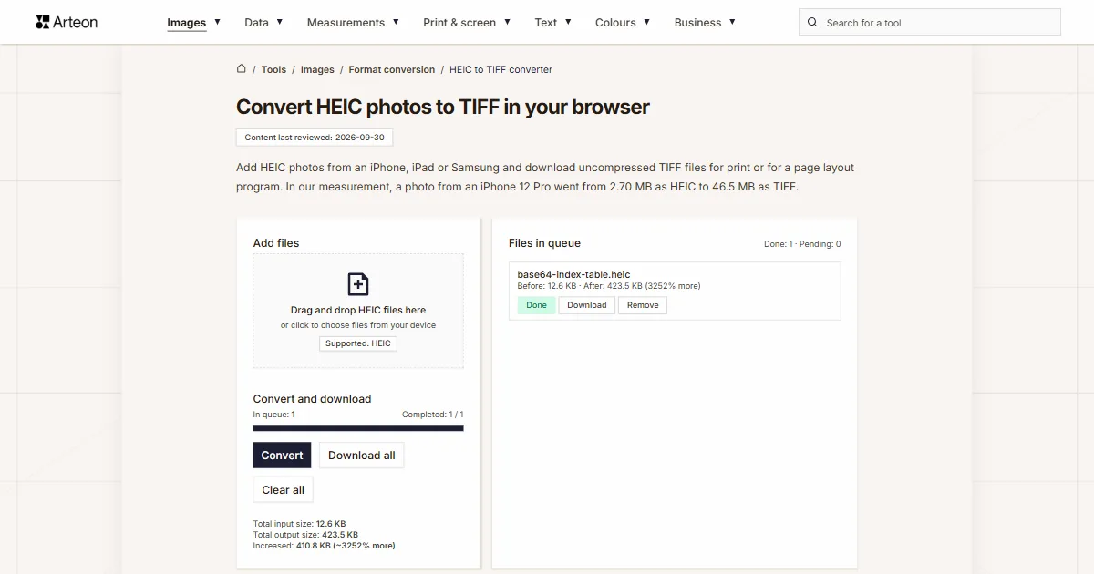 Arteon free tool screenshot: Convert HEIC photos to TIFF in your browser