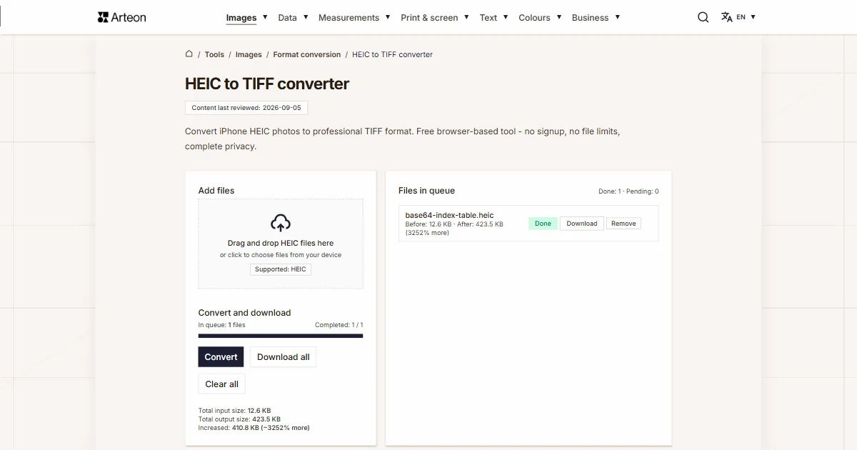 Arteon free tool screenshot: HEIC to TIFF converter