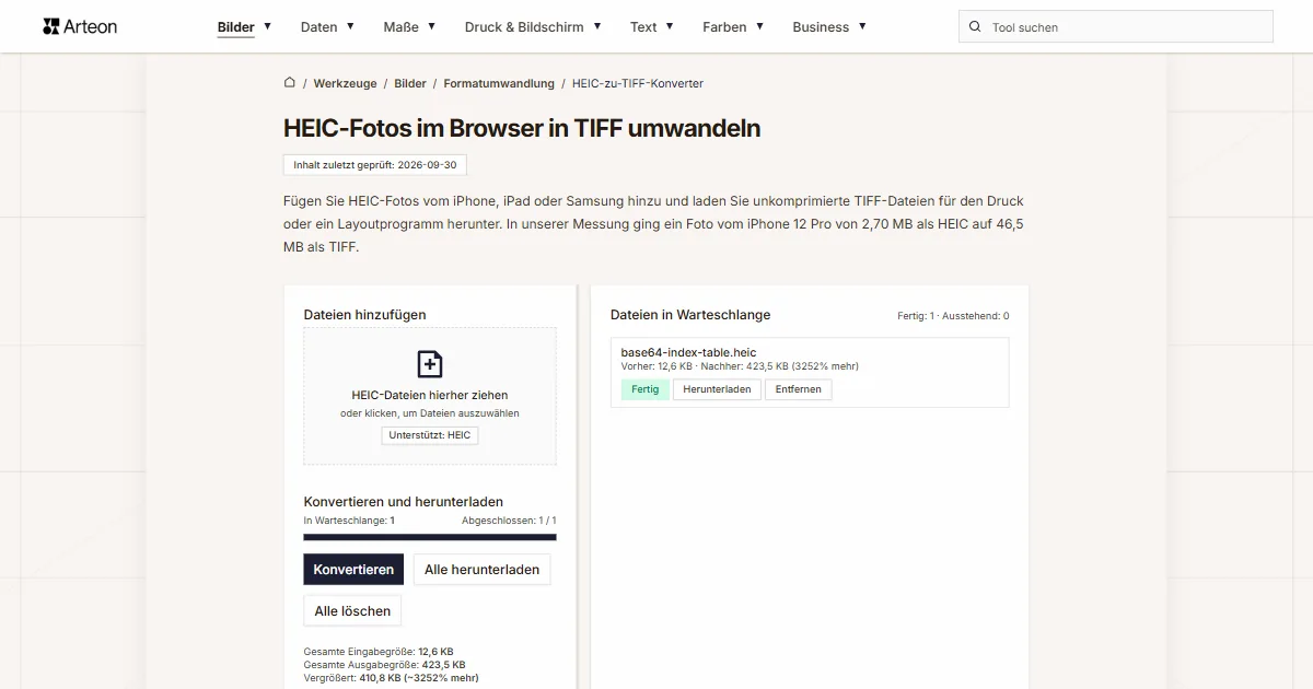 Screenshot des kostenlosen Arteon-Werkzeugs: HEIC-Fotos im Browser in TIFF umwandeln