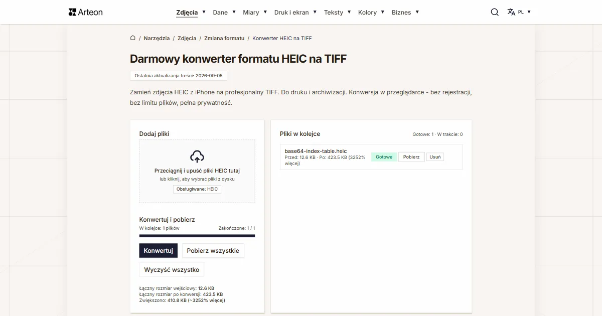 Zrzut ekranu darmowego narzędzia Arteon: Darmowy konwerter formatu HEIC na TIFF
