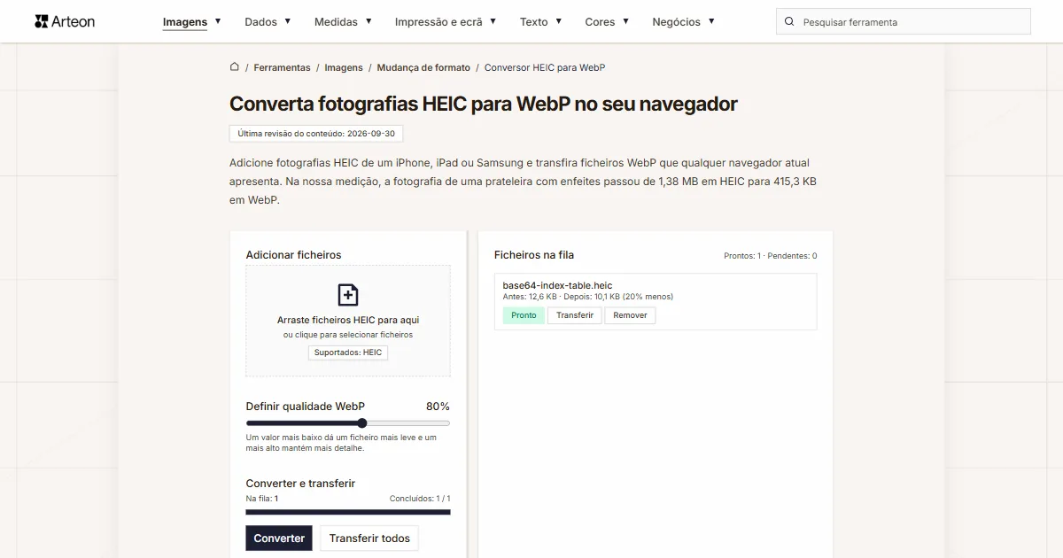 Captura de ecrã da ferramenta gratuita da Arteon: Converta fotografias HEIC para WebP no seu navegador