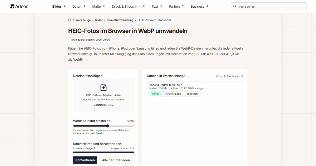 Screenshot des kostenlosen Arteon-Werkzeugs: HEIC-Fotos im Browser in WebP umwandeln