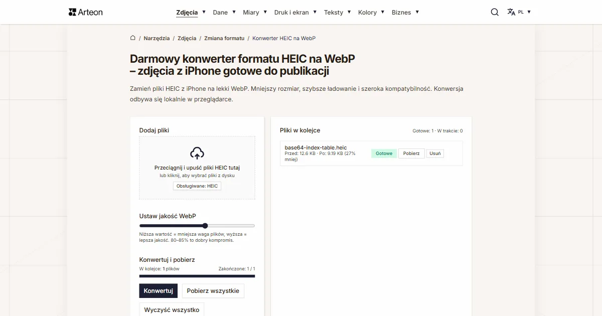 Zrzut ekranu darmowego narzędzia Arteon: Darmowy konwerter formatu HEIC na WebP – zdjęcia z iPhone gotowe do publikacji