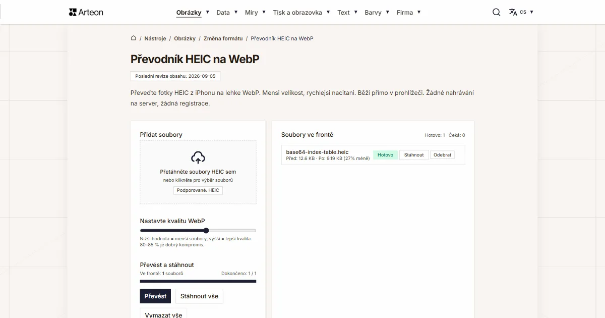 Snímek obrazovky bezplatného nástroje Arteon: Převodník HEIC na WebP