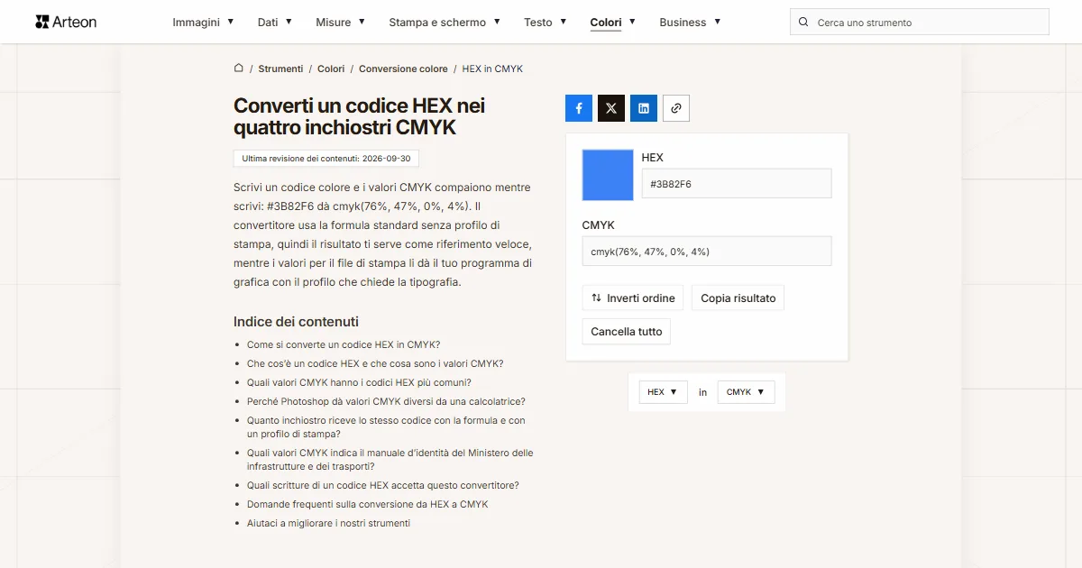 Screenshot dello strumento gratuito Arteon: Converti un codice HEX nei quattro inchiostri CMYK