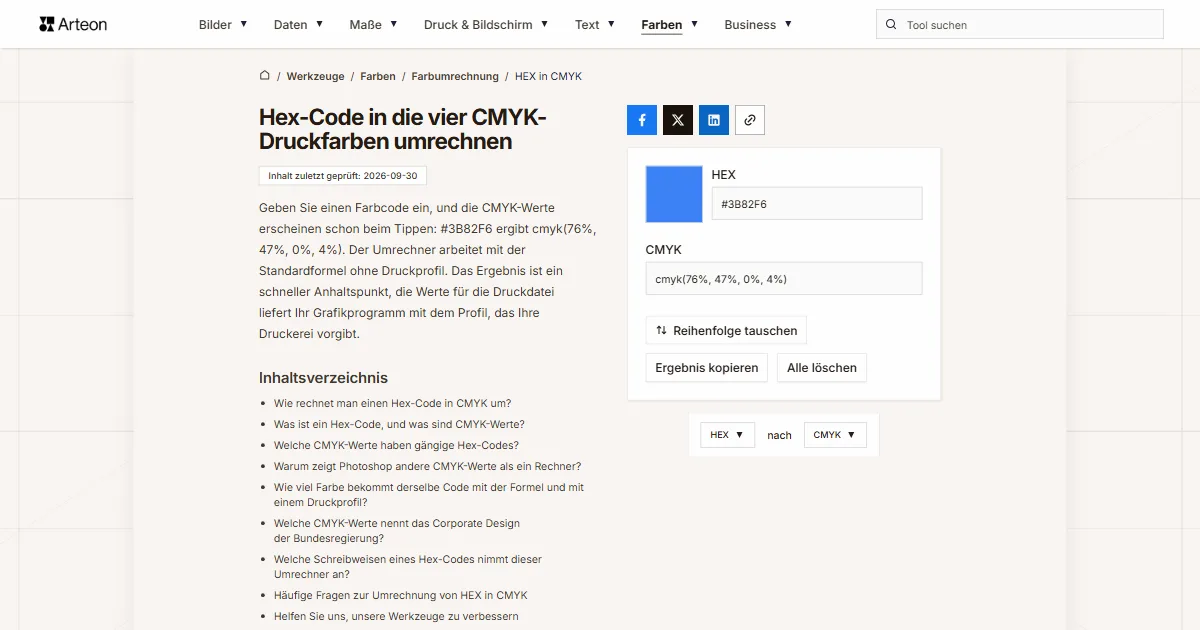 Screenshot des kostenlosen Arteon-Werkzeugs: Hex-Code in die vier CMYK-Druckfarben umrechnen