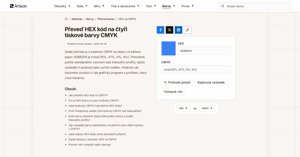 Snímek obrazovky bezplatného nástroje Arteon: Převeď HEX kód na čtyři tiskové barvy CMYK