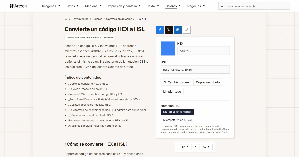 Captura de pantalla de la herramienta gratuita de Arteon: Convierte un código HEX a HSL