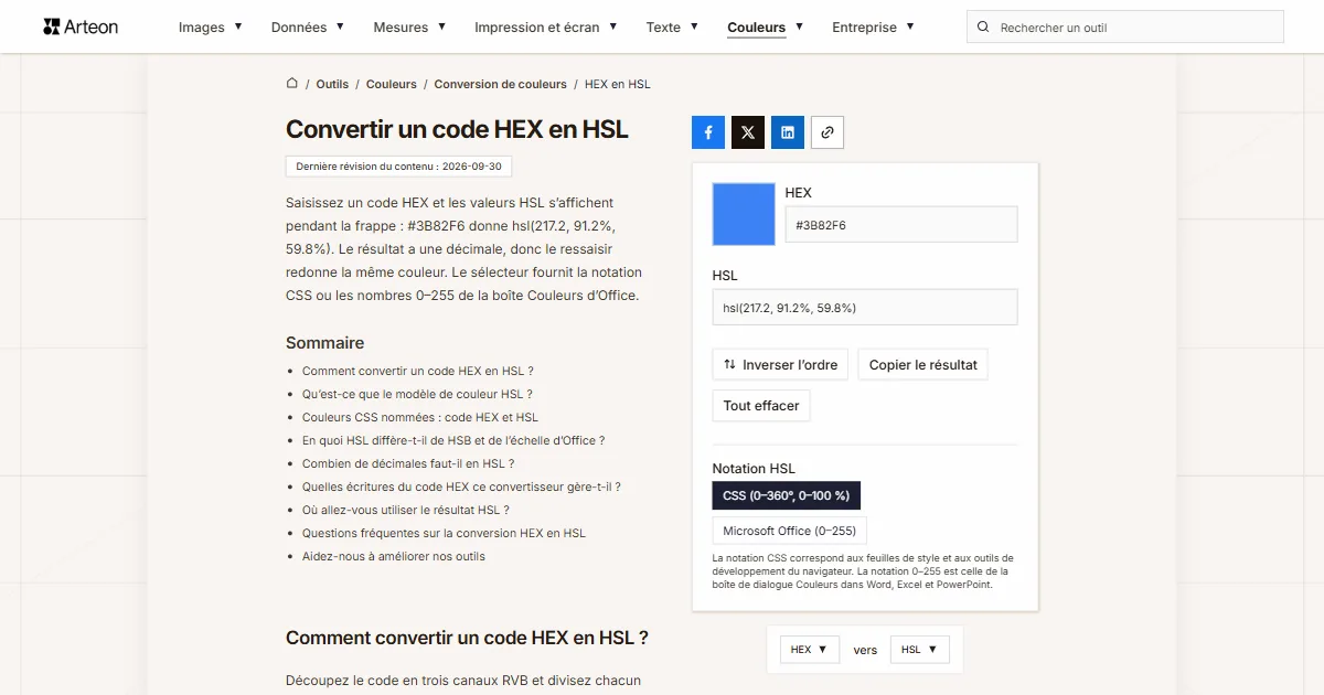 Capture d'écran de l'outil gratuit d'Arteon: Convertir un code HEX en HSL