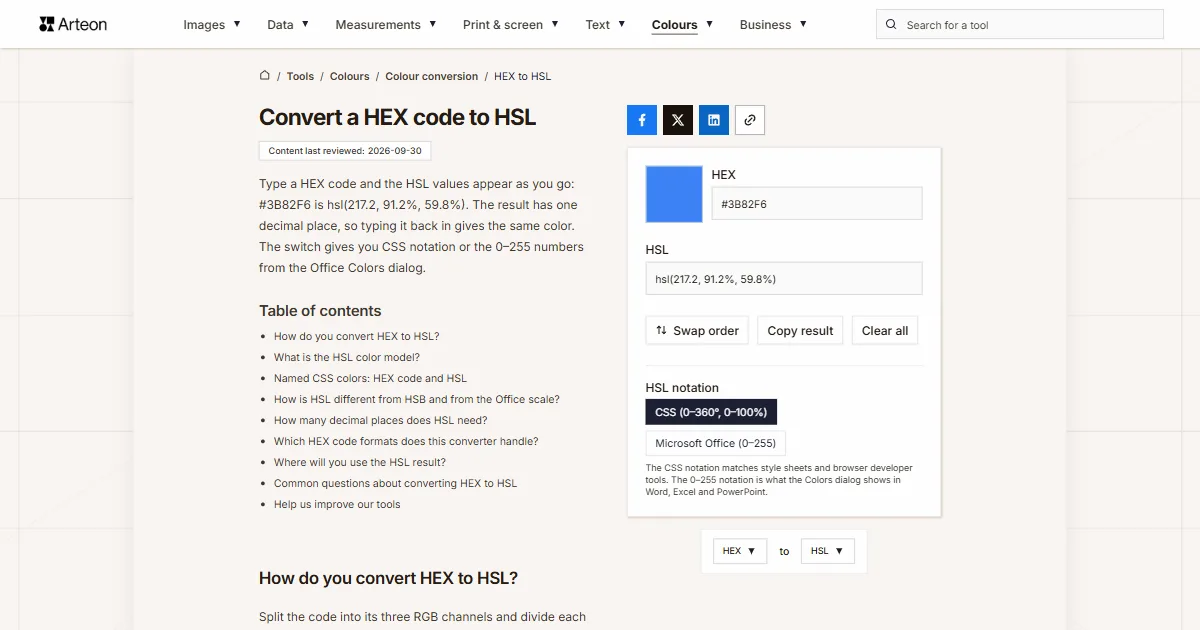 Arteon free tool screenshot: Convert a HEX code to HSL