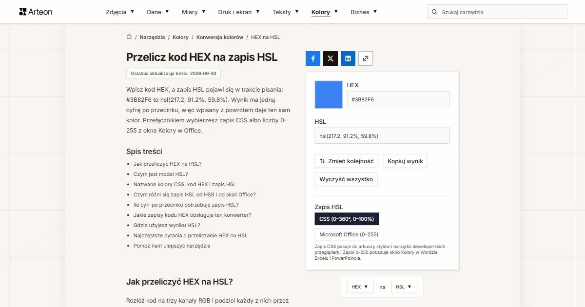 Zrzut ekranu darmowego narzędzia Arteon: Przelicz kod HEX na zapis HSL