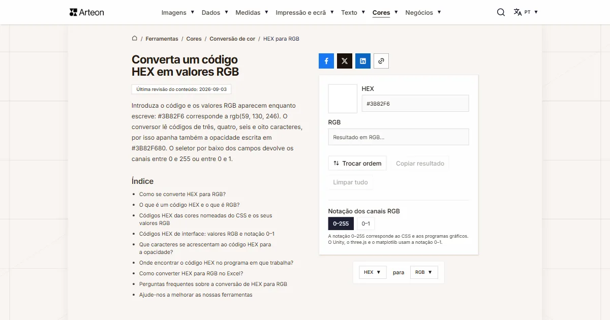 Captura de ecrã da ferramenta gratuita da Arteon: Converta um código HEX em valores RGB