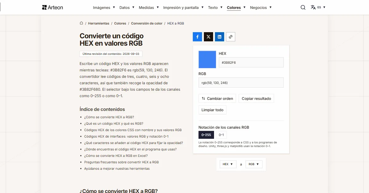 Captura de pantalla de la herramienta gratuita de Arteon: Convierte un código HEX en valores RGB