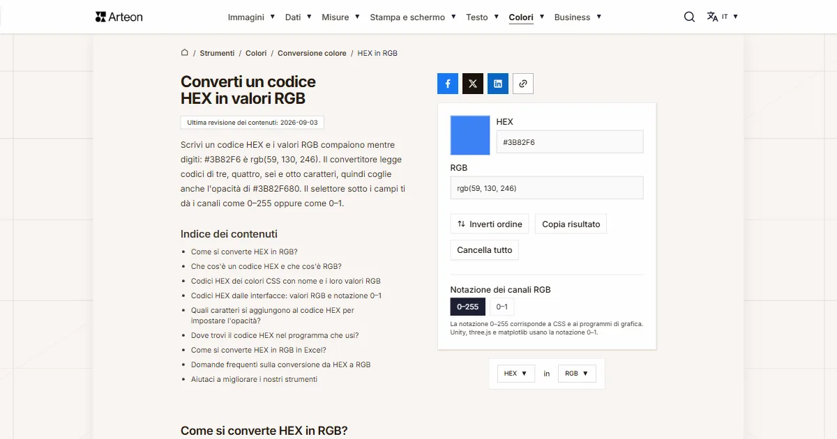 Screenshot dello strumento gratuito Arteon: Converti un codice HEX in valori RGB