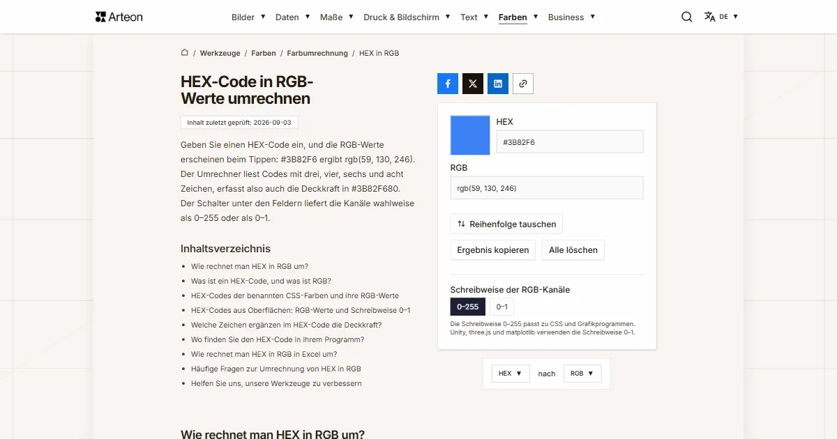 Screenshot des kostenlosen Arteon-Werkzeugs: HEX-Code in RGB-Werte umrechnen
