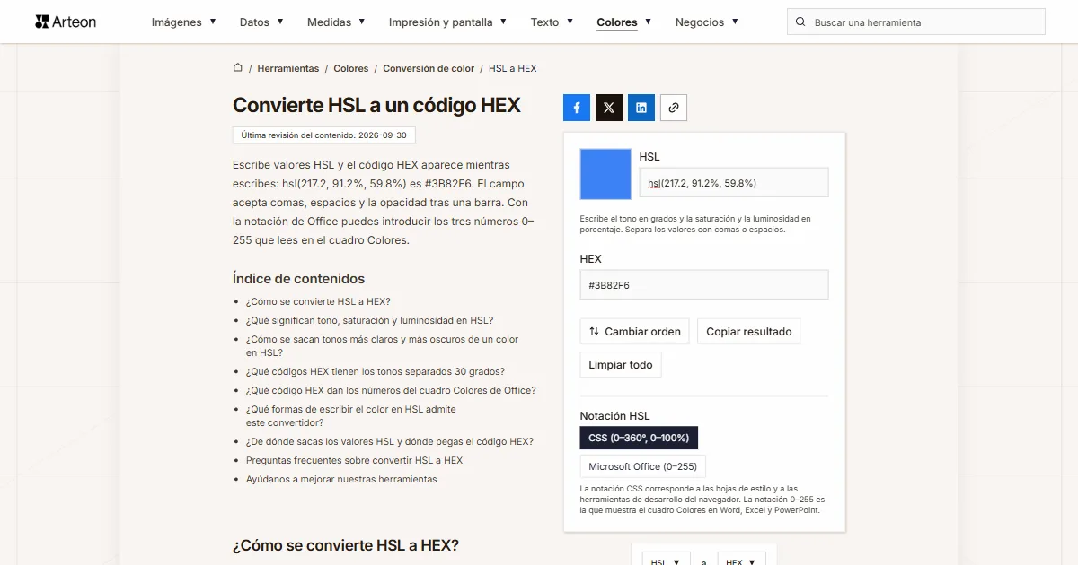 Captura de pantalla de la herramienta gratuita de Arteon: Convierte HSL a un código HEX
