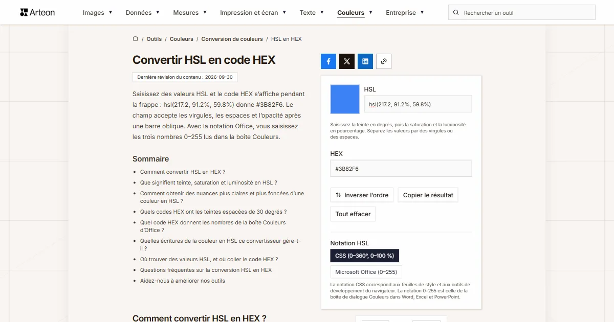 Capture d'écran de l'outil gratuit d'Arteon: Convertir HSL en code HEX