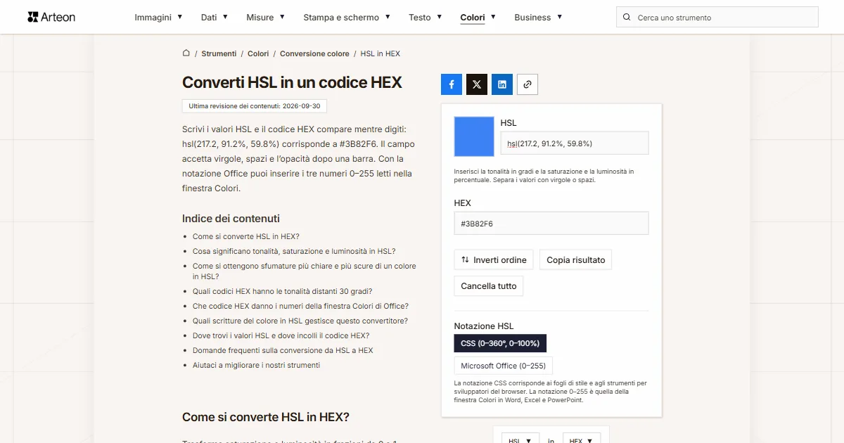 Screenshot dello strumento gratuito Arteon: Converti HSL in un codice HEX
