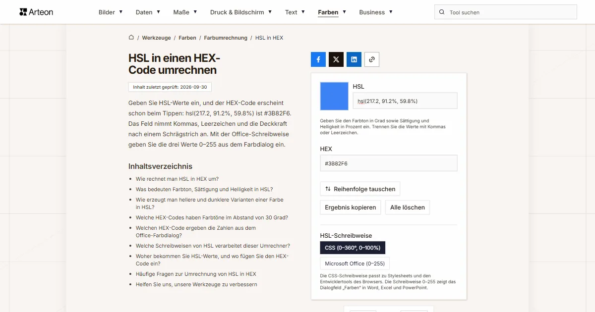Screenshot des kostenlosen Arteon-Werkzeugs: HSL in einen HEX-Code umrechnen