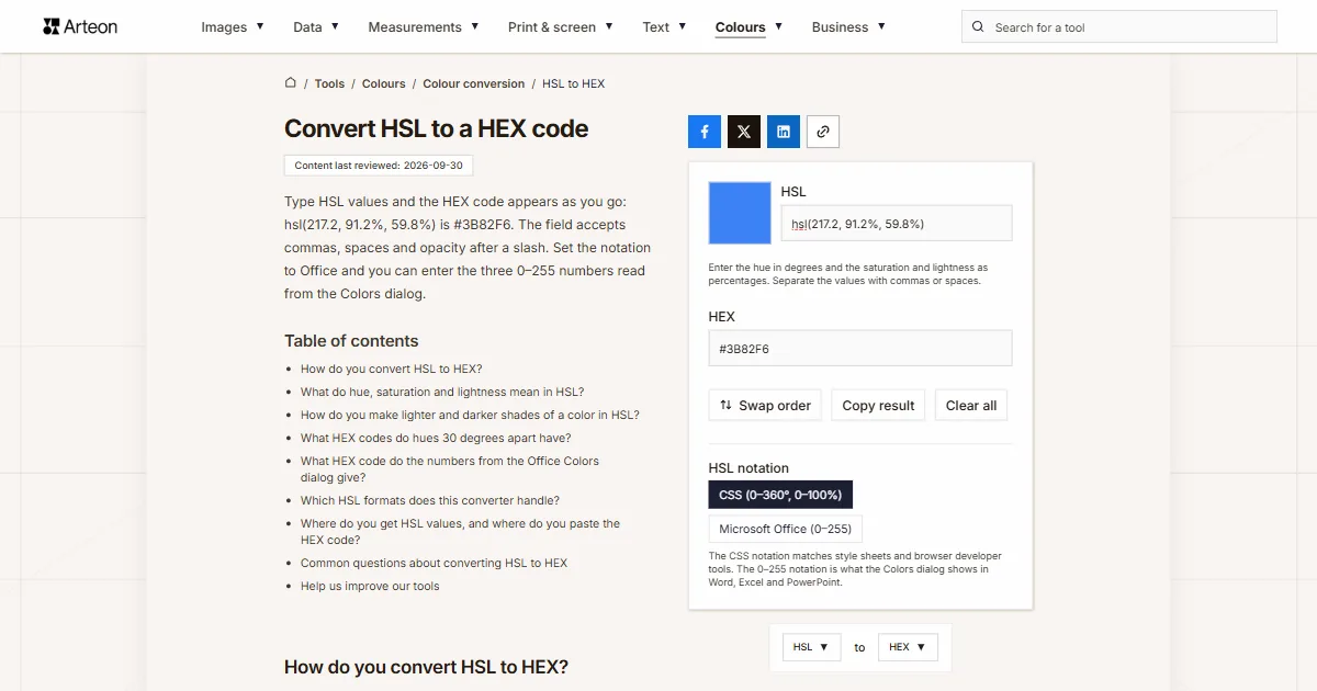 Arteon free tool screenshot: Convert HSL to a HEX code